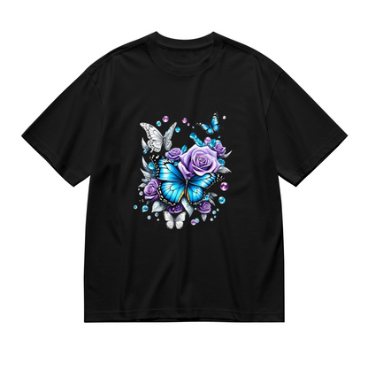 Shiny Crystal Blue Butterfly & Purple Roses Gem Art Plus Size Women Graphic Tee