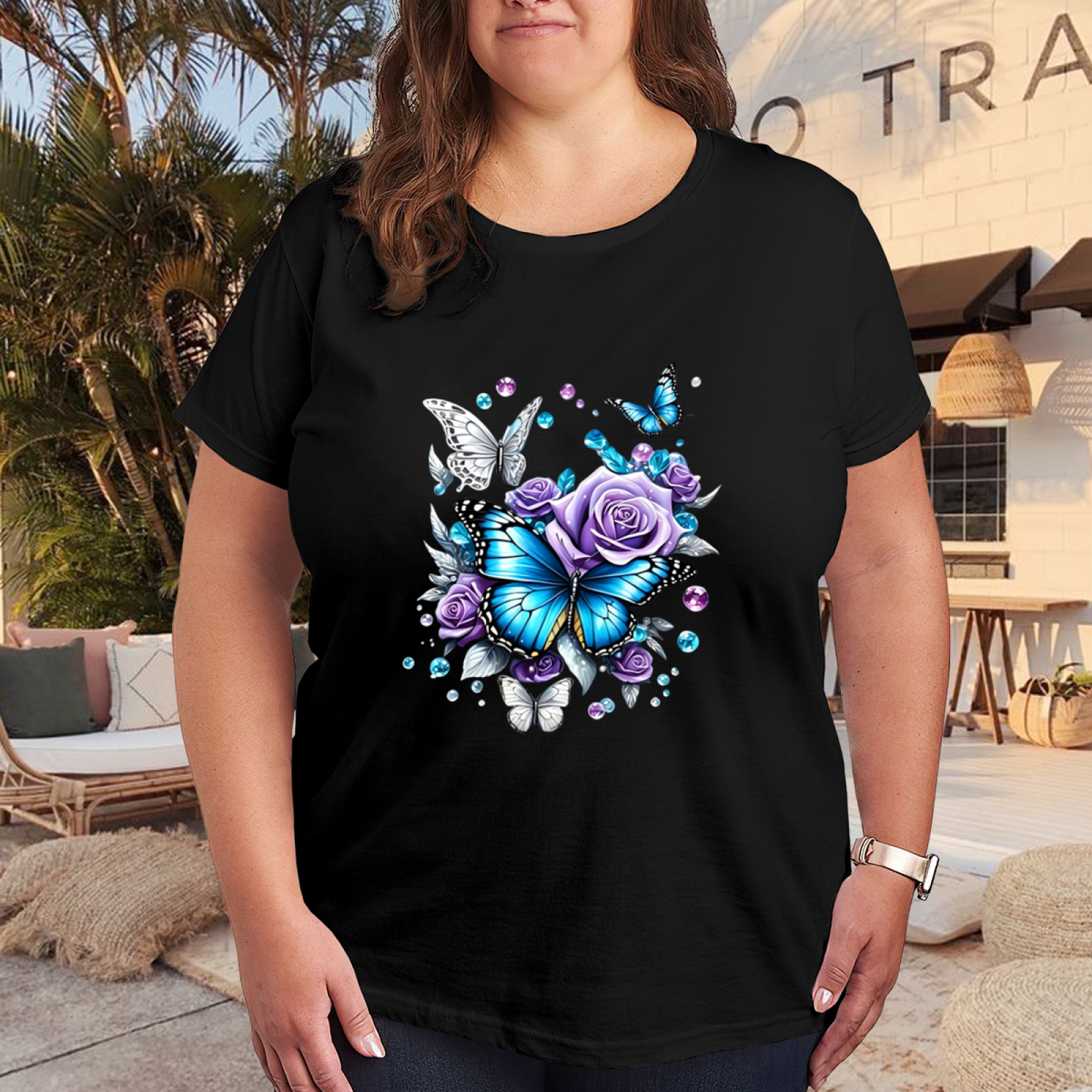 Shiny Crystal Blue Butterfly & Purple Roses Gem Art Plus Size Women Graphic Tee