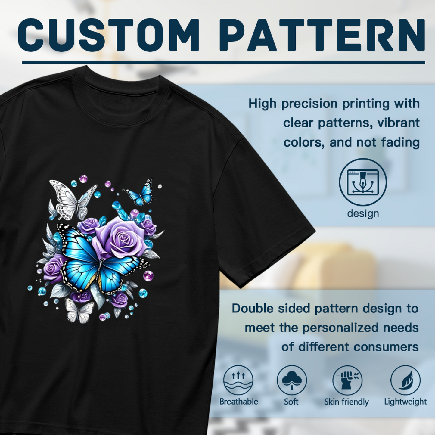 Shiny Crystal Blue Butterfly & Purple Roses Gem Art Plus Size Women Graphic Tee