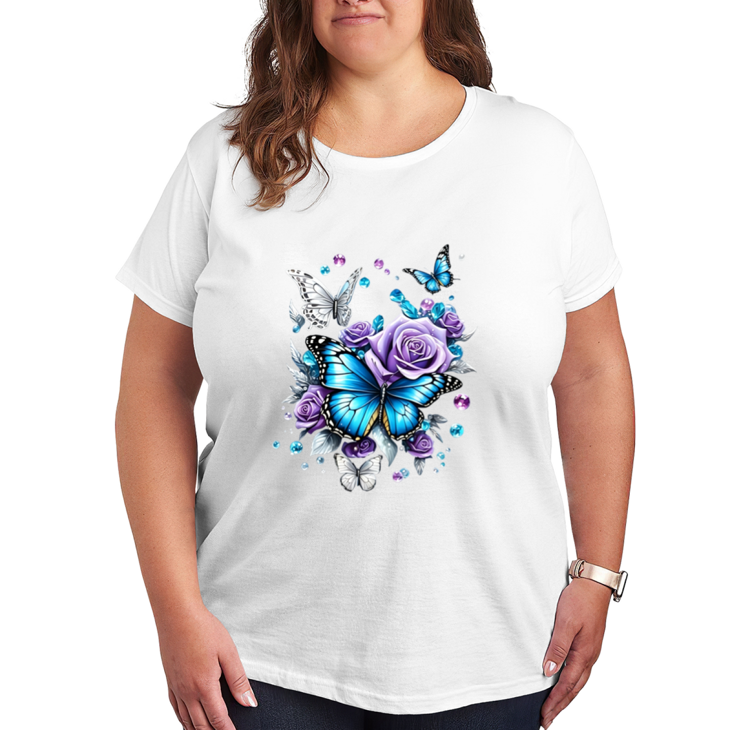 Shiny Crystal Blue Butterfly & Purple Roses Gem Art Plus Size Women Graphic Tee