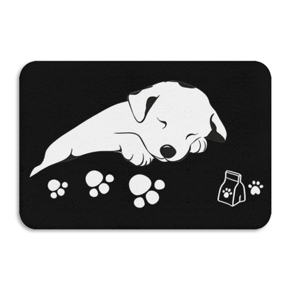 Sleeping Puppy Black Silicone Diatom Mat | Cute Dog Paw Print Pet Feeding Floor Rug