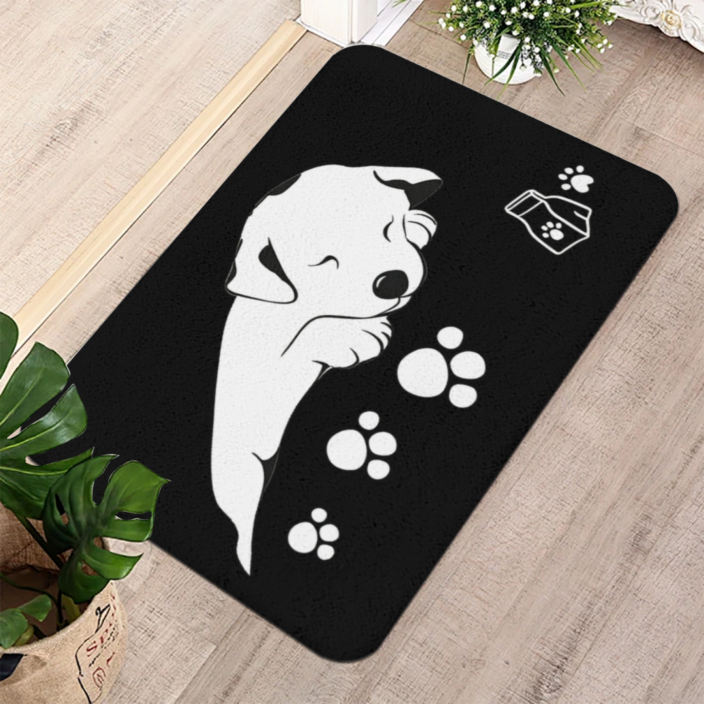 Sleeping Puppy Black Silicone Diatom Mat | Cute Dog Paw Print Pet Feeding Floor Rug