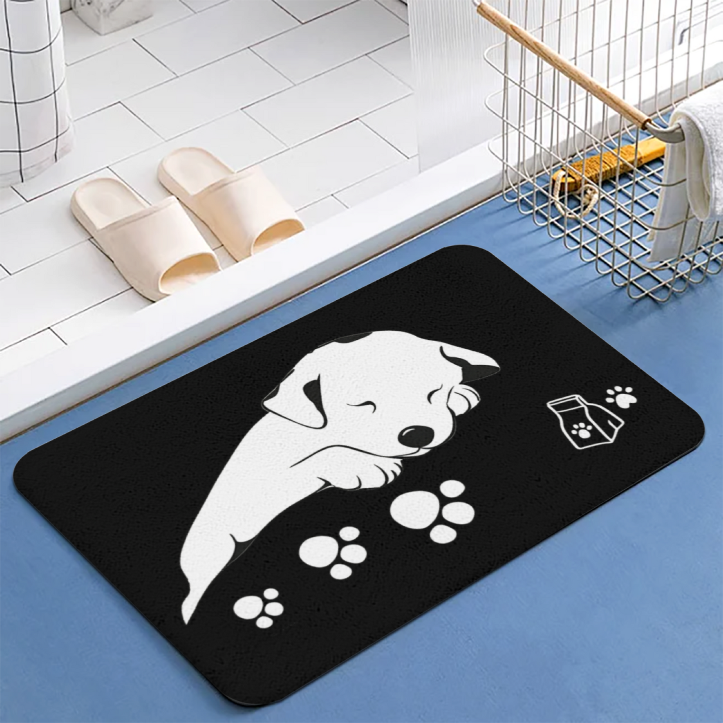 Sleeping Puppy Black Silicone Diatom Mat | Cute Dog Paw Print Pet Feeding Floor Rug