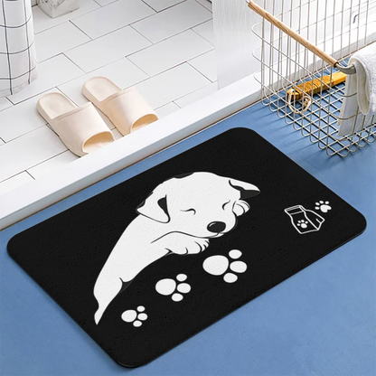 Sleeping Puppy Black Silicone Diatom Mat | Cute Dog Paw Print Pet Feeding Floor Rug