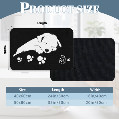 Sleeping Puppy Black Silicone Diatom Mat | Cute Dog Paw Print Pet Feeding Floor Rug