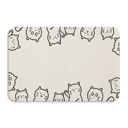 Doodle Cat Border Frame Diatom Mat | Cute Line Art Kitten Silicone Decor Floor Rug