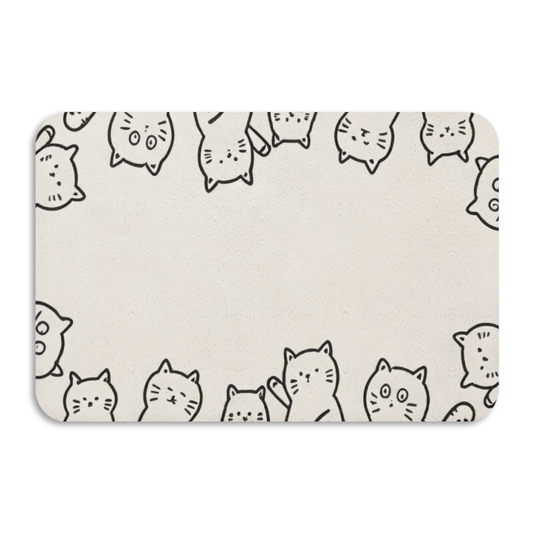 Doodle Cat Border Frame Diatom Mat | Cute Line Art Kitten Silicone Decor Floor Rug
