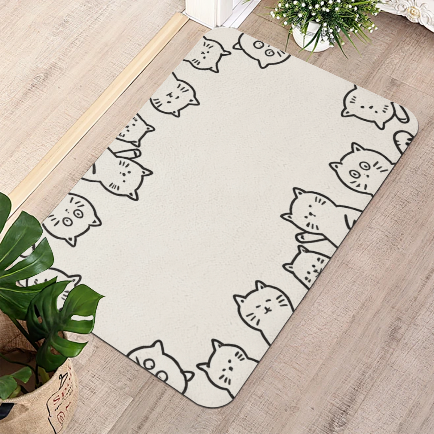 Doodle Cat Border Frame Diatom Mat | Cute Line Art Kitten Silicone Decor Floor Rug
