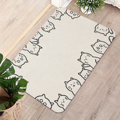 Doodle Cat Border Frame Diatom Mat | Cute Line Art Kitten Silicone Decor Floor Rug