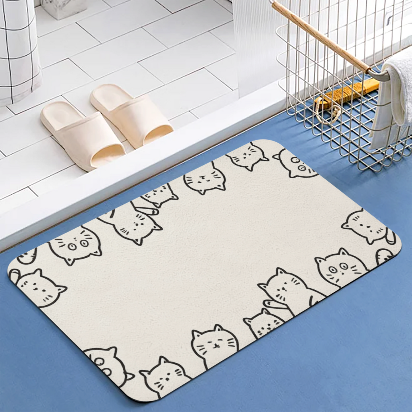 Doodle Cat Border Frame Diatom Mat | Cute Line Art Kitten Silicone Decor Floor Rug