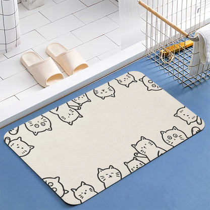 Doodle Cat Border Frame Diatom Mat | Cute Line Art Kitten Silicone Decor Floor Rug
