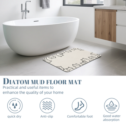 Doodle Cat Border Frame Diatom Mat | Cute Line Art Kitten Silicone Decor Floor Rug