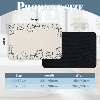 Doodle Cat Border Frame Diatom Mat | Cute Line Art Kitten Silicone Decor Floor Rug