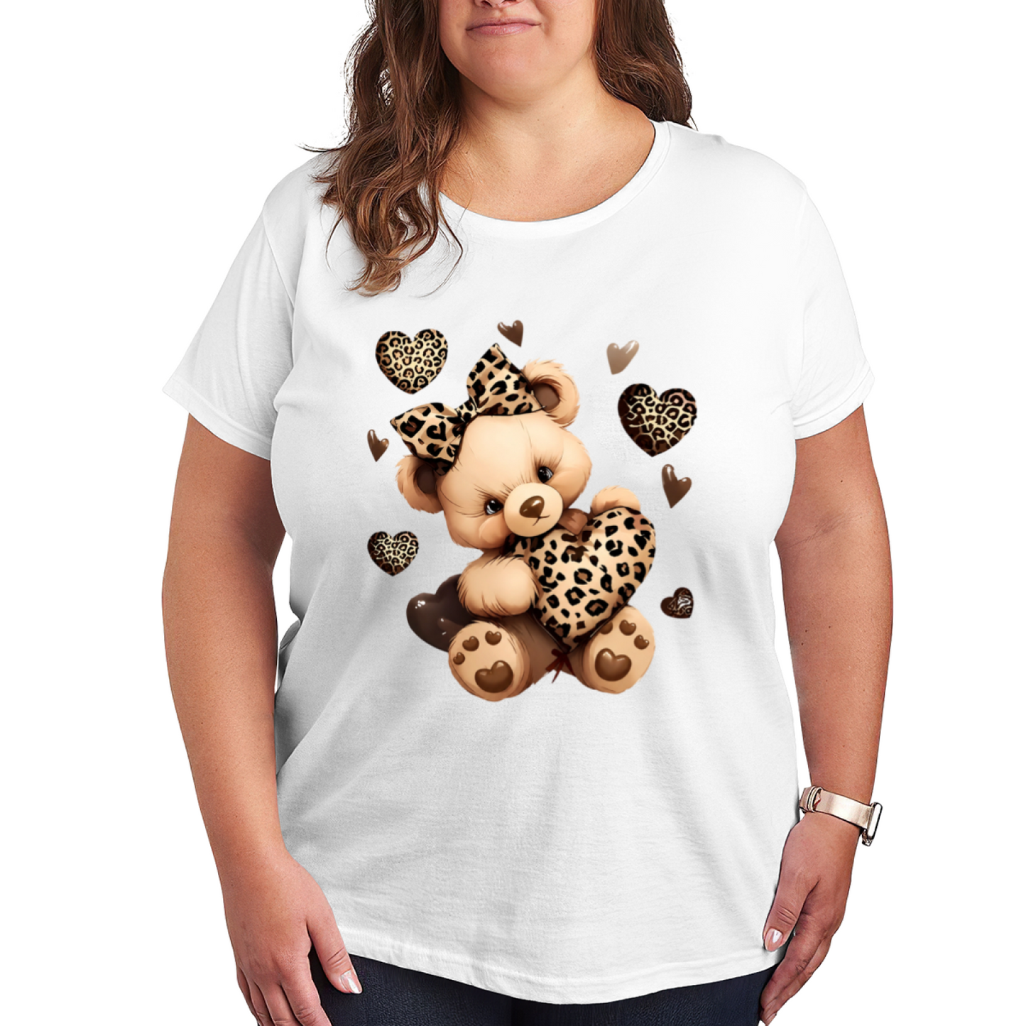 Adorable Leopard Print Teddy Bear Heart Cute Plus Size Women Printed T-Shirt