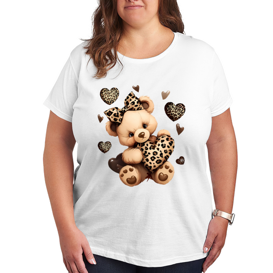 Adorable Leopard Print Teddy Bear Heart Cute Plus Size Women Printed T-Shirt