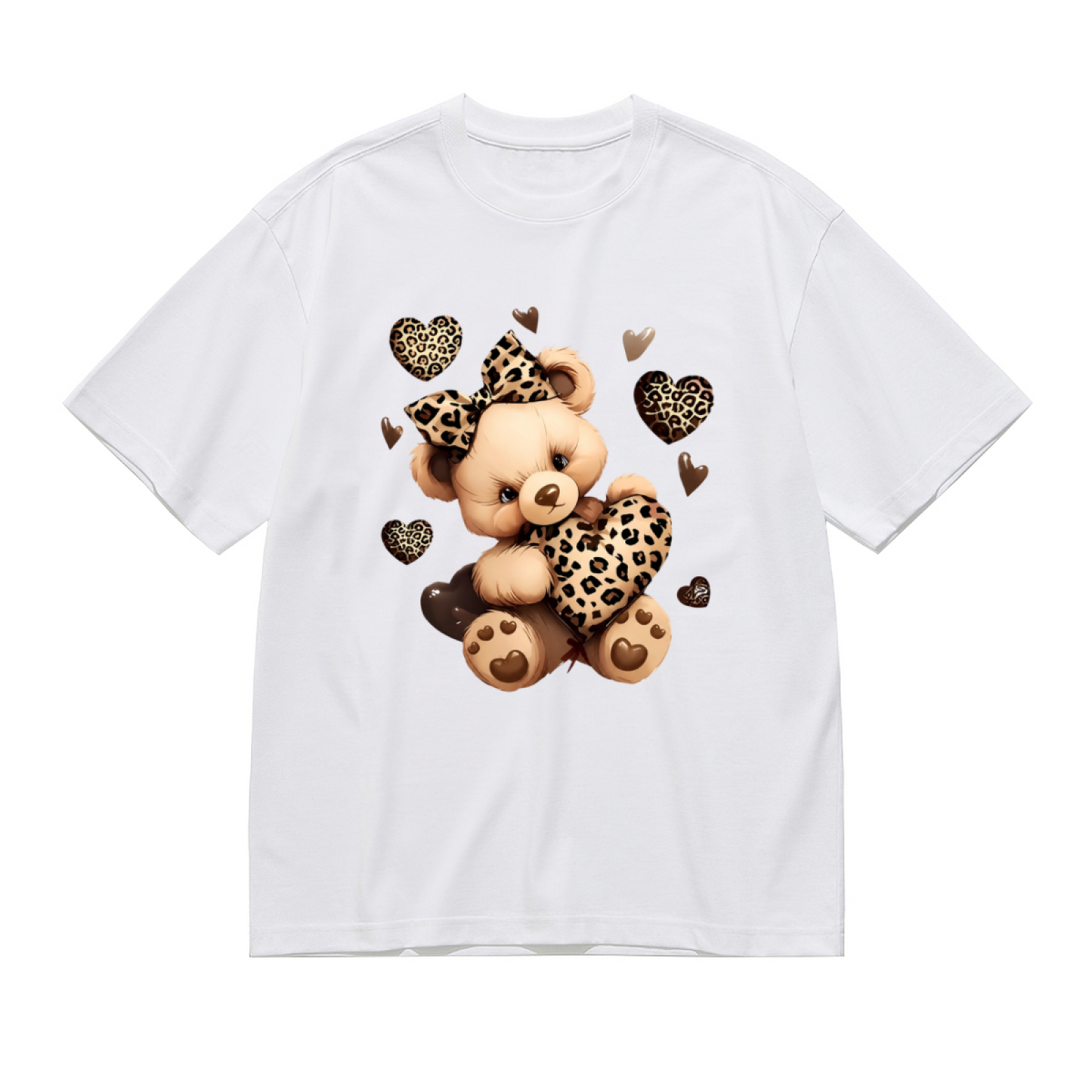 Adorable Leopard Print Teddy Bear Heart Cute Plus Size Women Printed T-Shirt