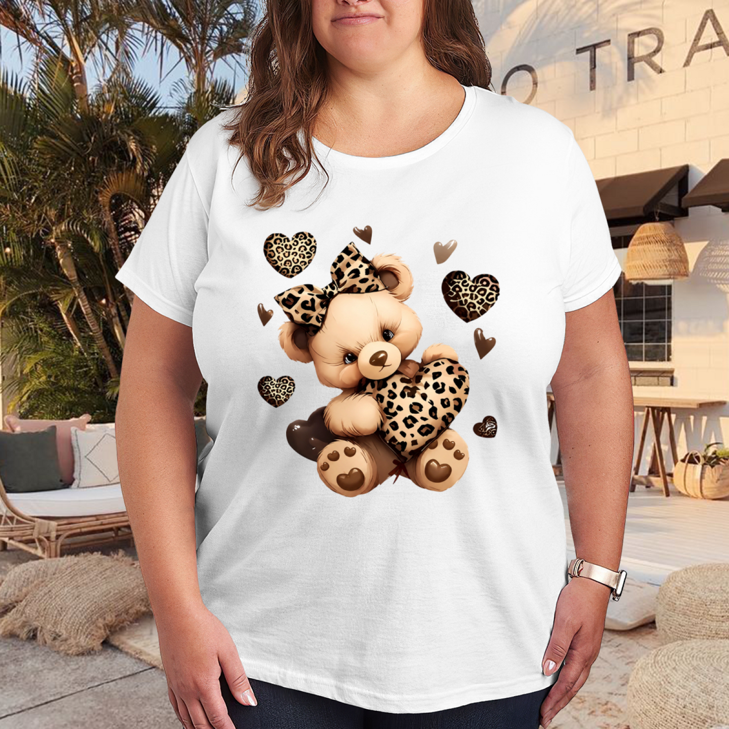 Adorable Leopard Print Teddy Bear Heart Cute Plus Size Women Printed T-Shirt