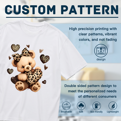 Adorable Leopard Print Teddy Bear Heart Cute Plus Size Women Printed T-Shirt