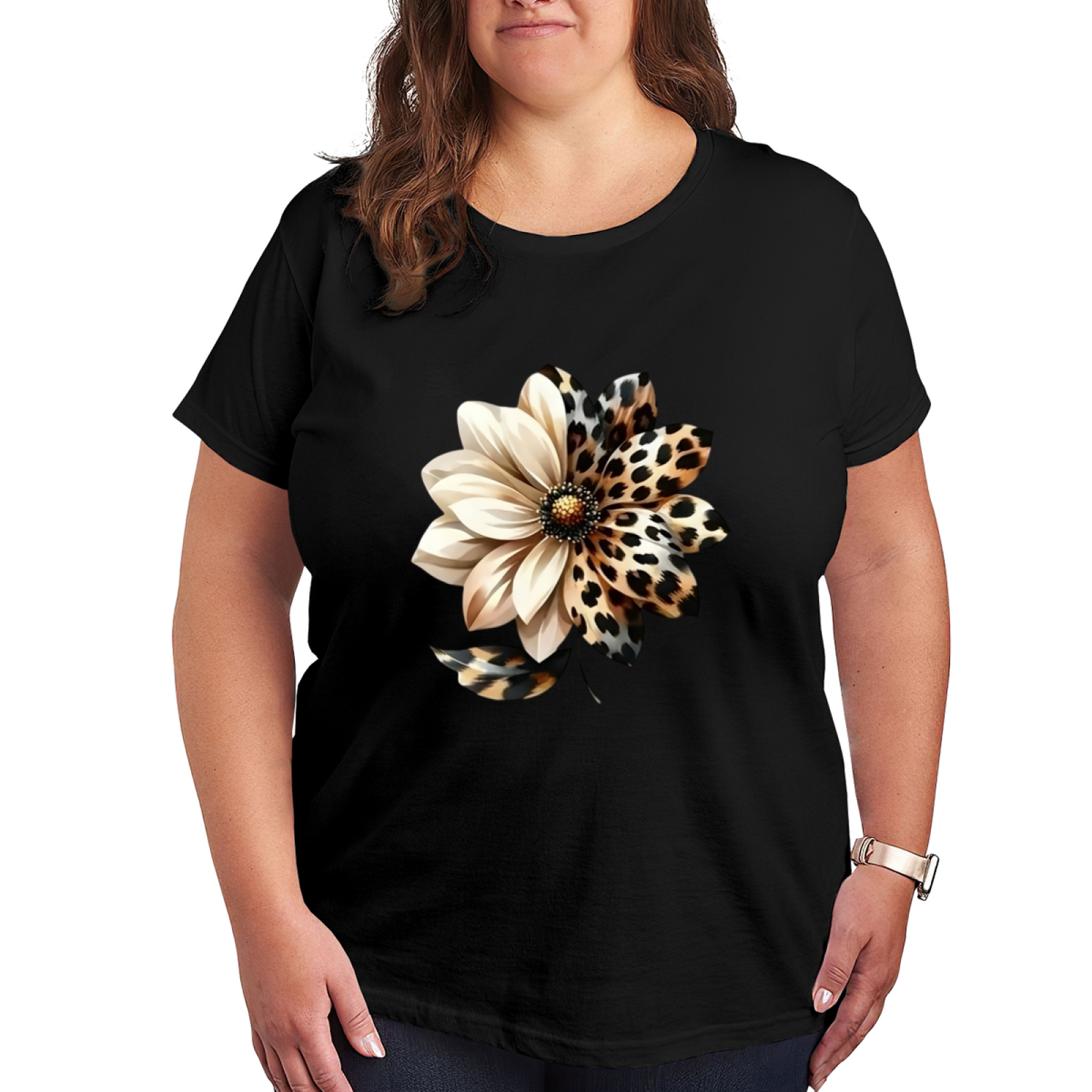 Leopard Print Patchwork Sunflower Boho Print Plus Size Women White Casual T-Shirt