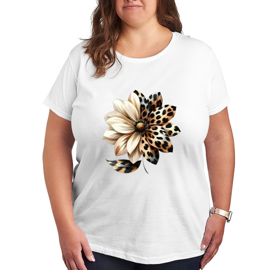 Leopard Print Patchwork Sunflower Boho Print Plus Size Women White Casual T-Shirt