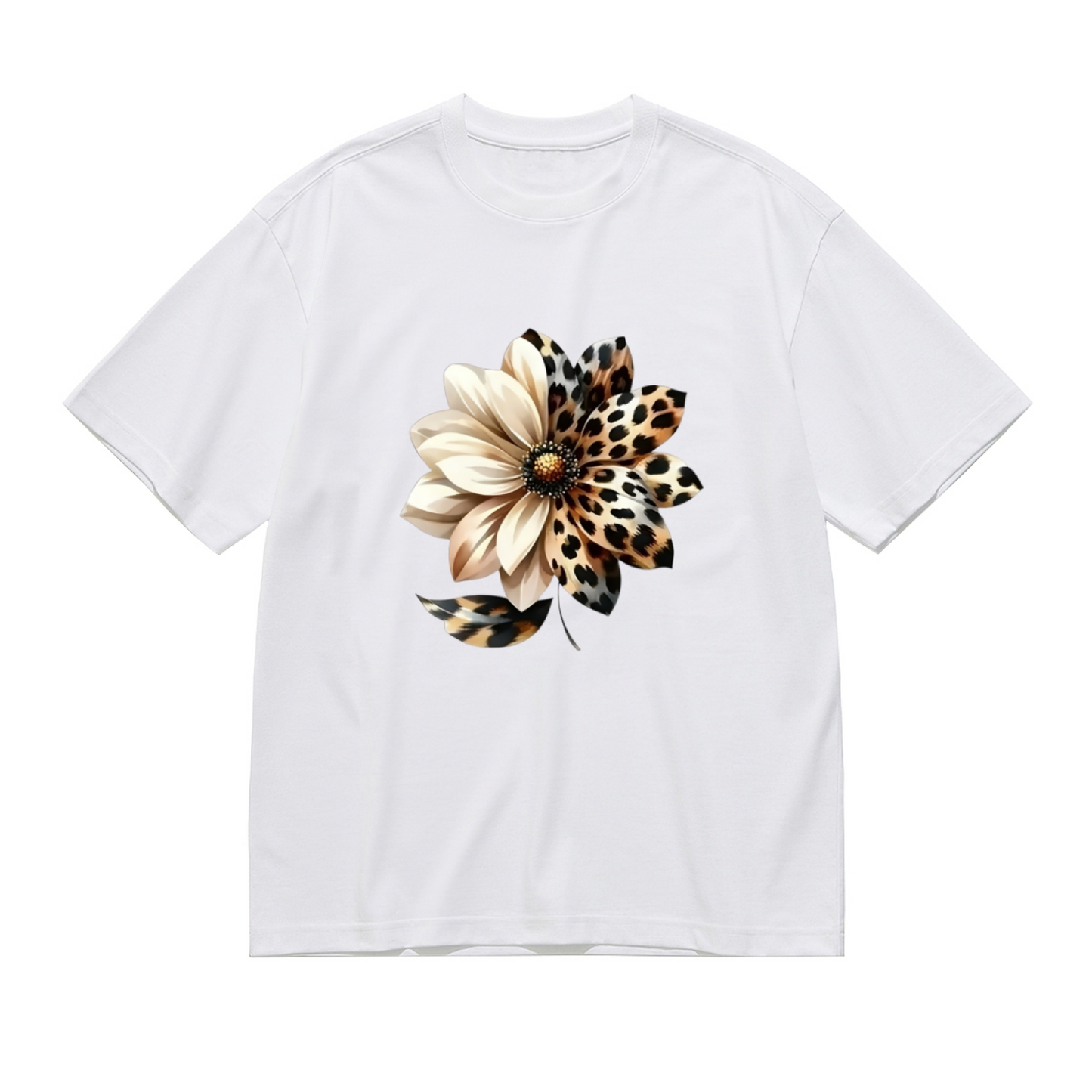 Leopard Print Patchwork Sunflower Boho Print Plus Size Women White Casual T-Shirt