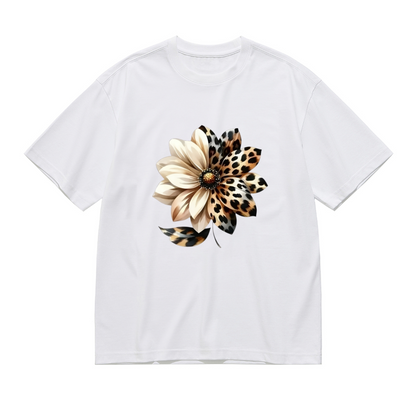 Leopard Print Patchwork Sunflower Boho Print Plus Size Women White Casual T-Shirt