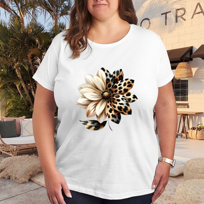 Leopard Print Patchwork Sunflower Boho Print Plus Size Women White Casual T-Shirt