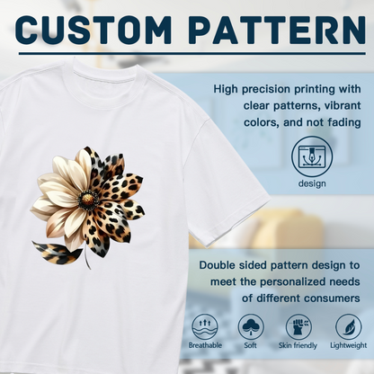 Leopard Print Patchwork Sunflower Boho Print Plus Size Women White Casual T-Shirt