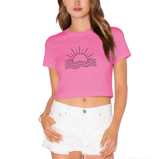 Minimal Sunset Ocean Wave Line Art Pink Crop Top