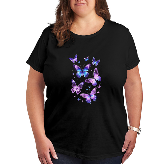 Shimmer Purple Blue Flying Butterflies Graphic Plus Size Women¡¯s Printed T-Shirt