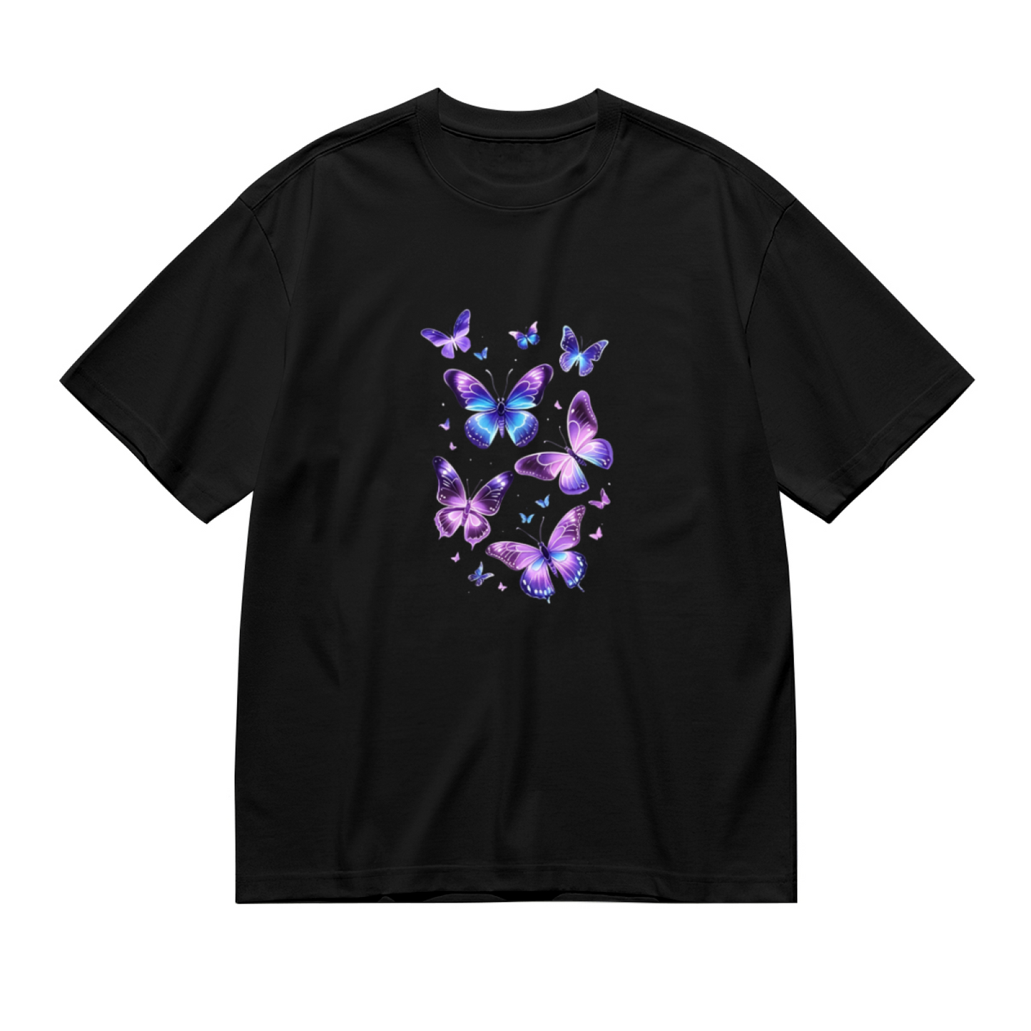 Shimmer Purple Blue Flying Butterflies Graphic Plus Size Women¡¯s Printed T-Shirt