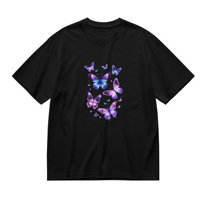 Shimmer Purple Blue Flying Butterflies Graphic Plus Size Women¡¯s Printed T-Shirt
