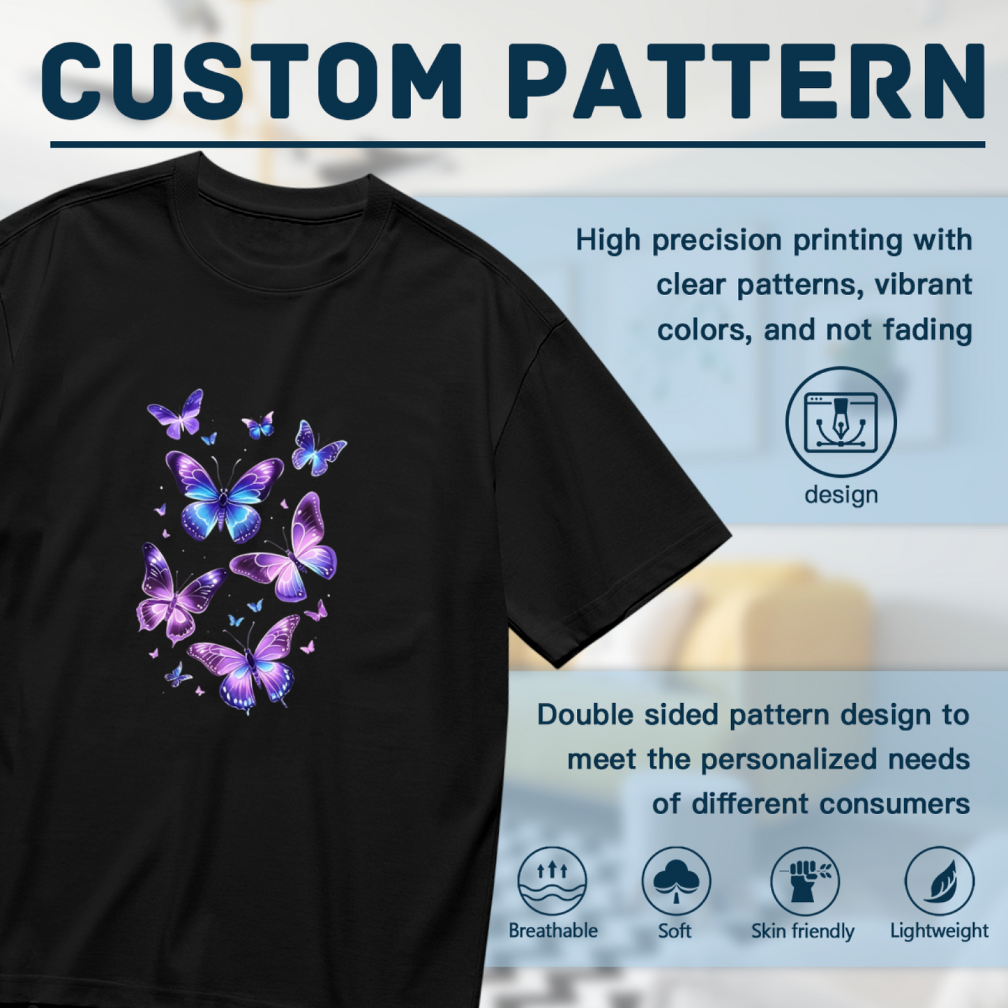 Shimmer Purple Blue Flying Butterflies Graphic Plus Size Women¡¯s Printed T-Shirt