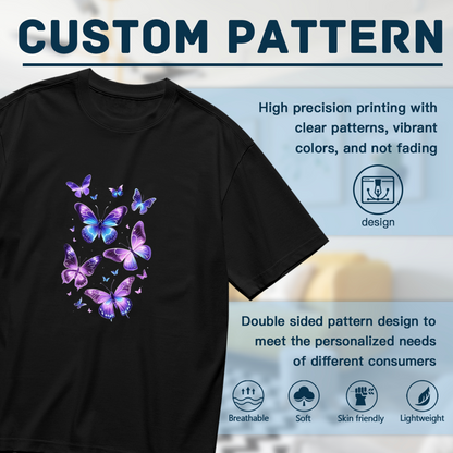 Shimmer Purple Blue Flying Butterflies Graphic Plus Size Women¡¯s Printed T-Shirt