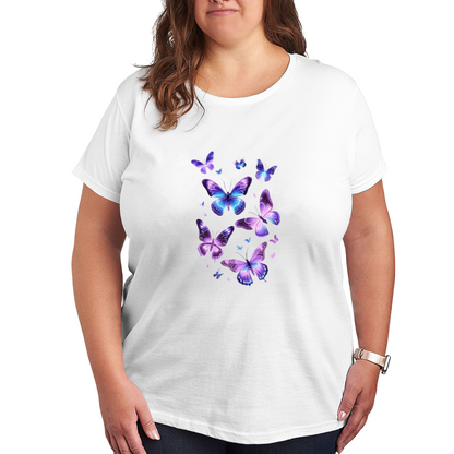 Shimmer Purple Blue Flying Butterflies Graphic Plus Size Women¡¯s Printed T-Shirt