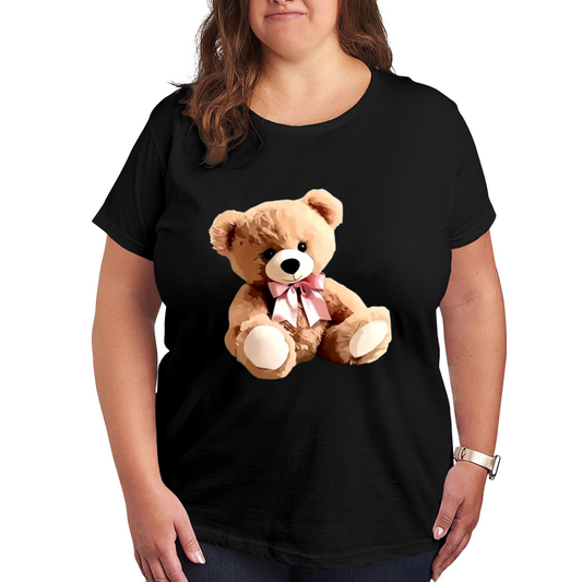 Cute Fluffy Teddy Bear With Pink Bow Plus Size Black Ladies Graphic Tee