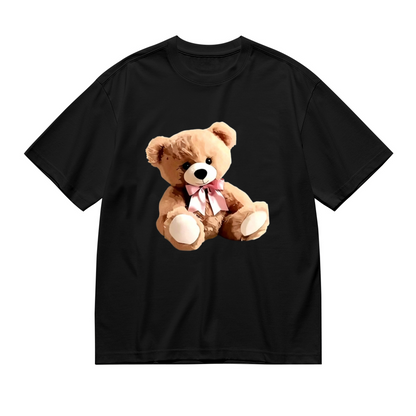 Cute Fluffy Teddy Bear With Pink Bow Plus Size Black Ladies Graphic Tee