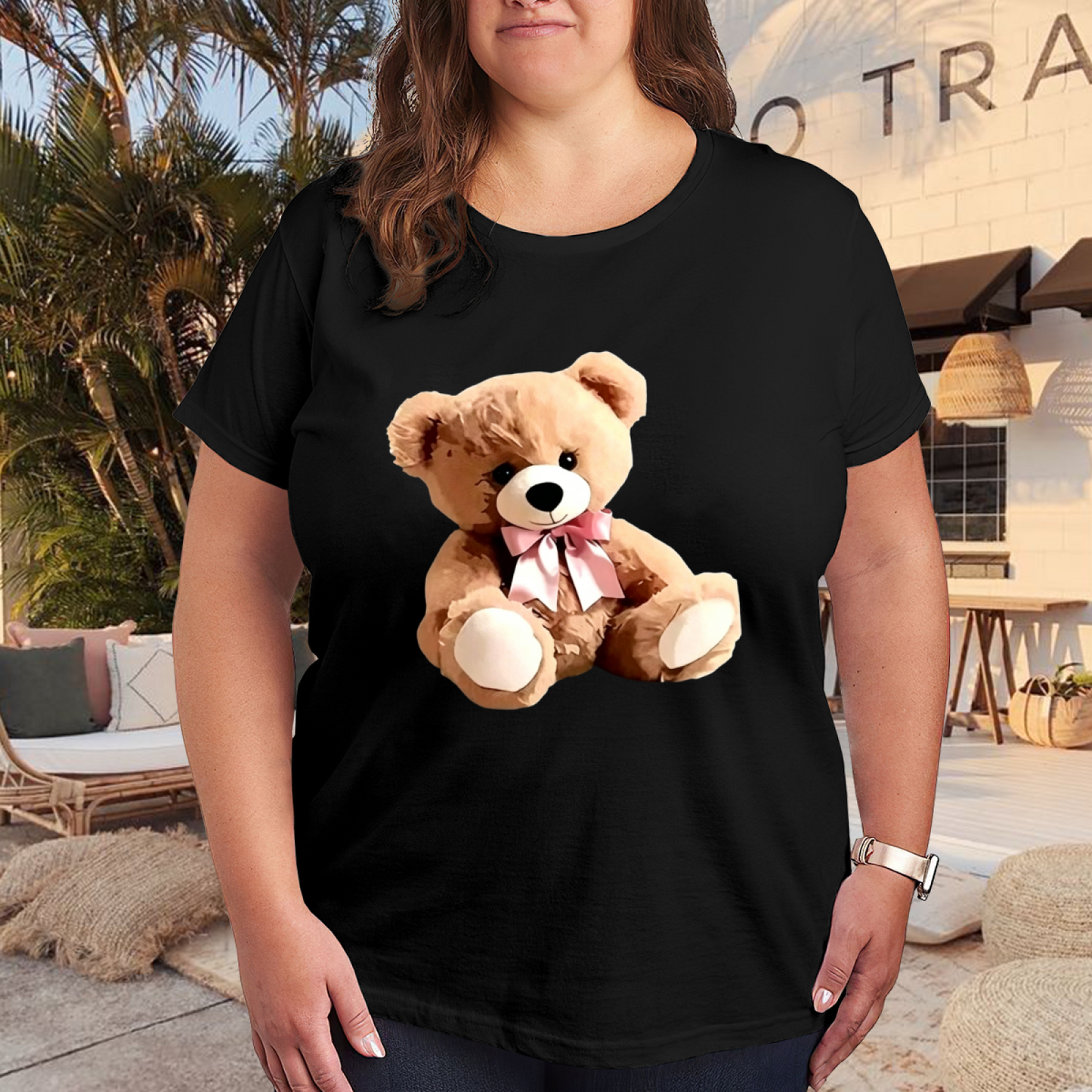 Cute Fluffy Teddy Bear With Pink Bow Plus Size Black Ladies Graphic Tee