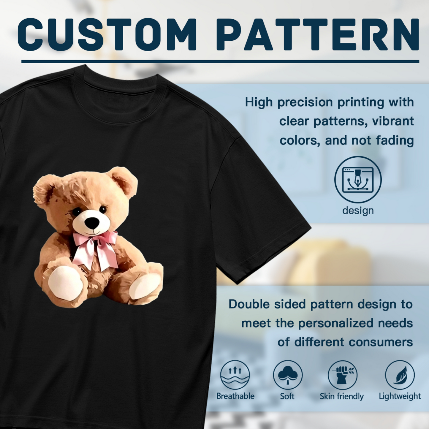 Cute Fluffy Teddy Bear With Pink Bow Plus Size Black Ladies Graphic Tee