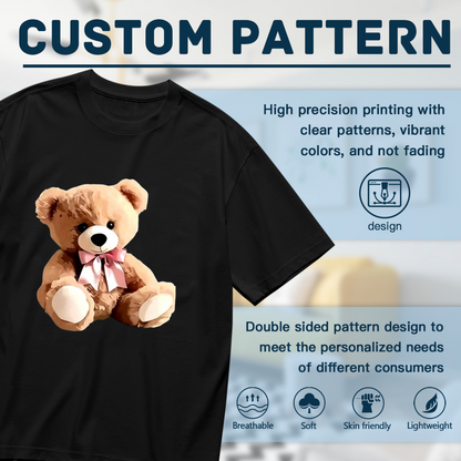 Cute Fluffy Teddy Bear With Pink Bow Plus Size Black Ladies Graphic Tee