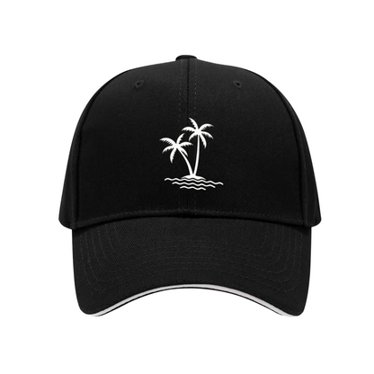 Twin Palm Tree Island Wave Print Red Sandwich Brim Baseball Cap, Beach Holiday Sun Hat