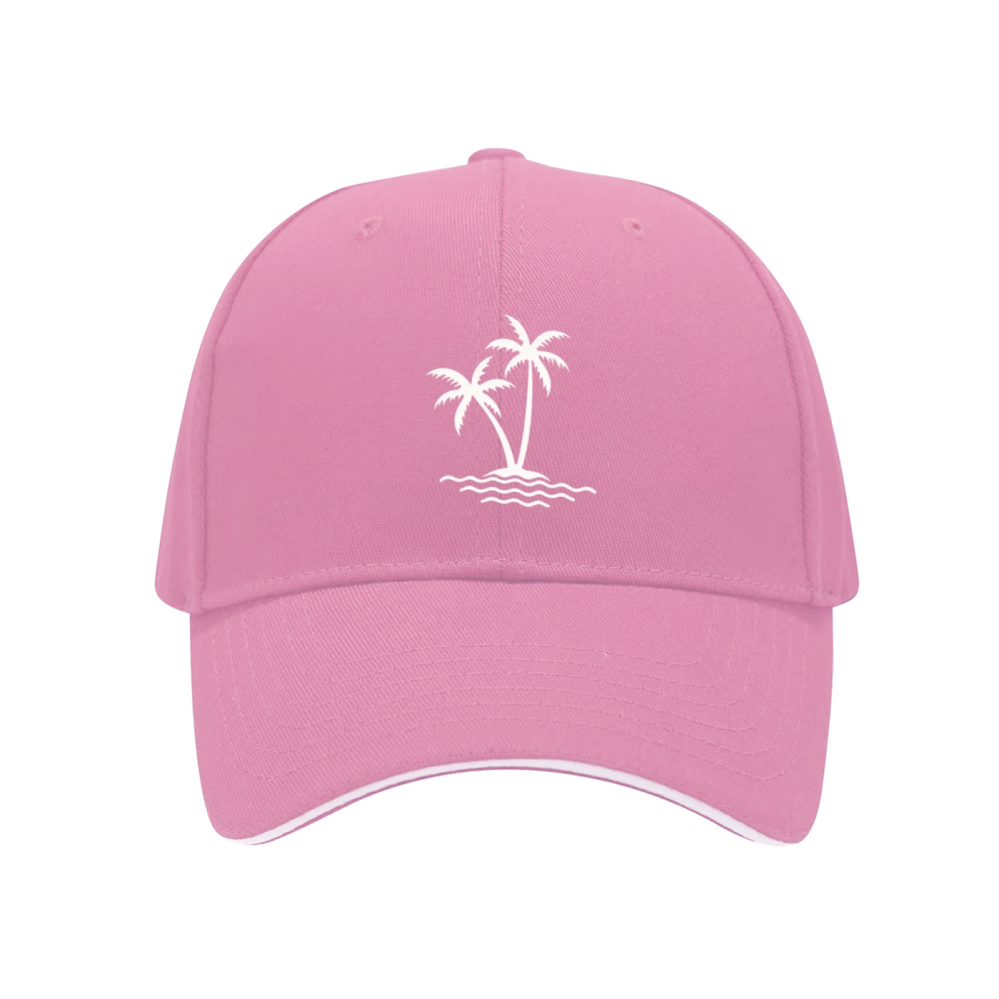 Twin Palm Tree Island Wave Print Red Sandwich Brim Baseball Cap, Beach Holiday Sun Hat
