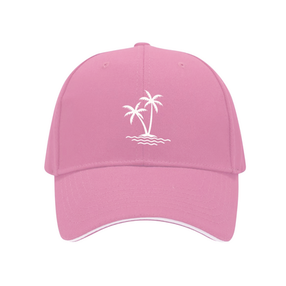Twin Palm Tree Island Wave Print Red Sandwich Brim Baseball Cap, Beach Holiday Sun Hat