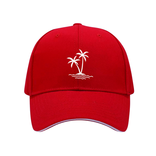 Twin Palm Tree Island Wave Print Red Sandwich Brim Baseball Cap, Beach Holiday Sun Hat