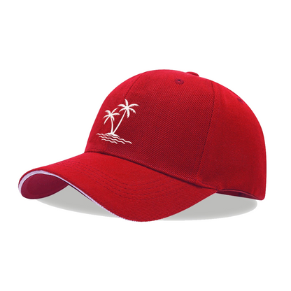 Twin Palm Tree Island Wave Print Red Sandwich Brim Baseball Cap, Beach Holiday Sun Hat