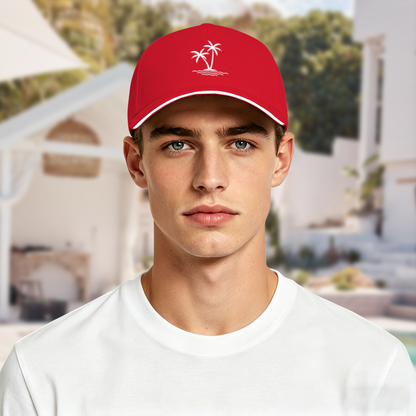 Twin Palm Tree Island Wave Print Red Sandwich Brim Baseball Cap, Beach Holiday Sun Hat