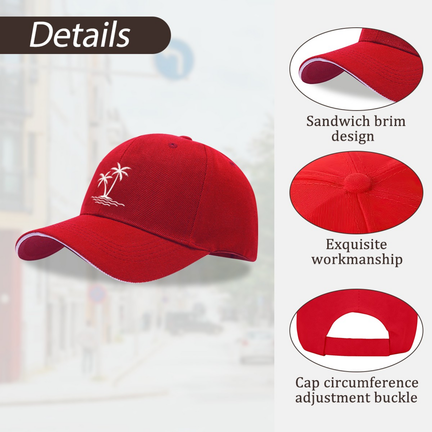 Twin Palm Tree Island Wave Print Red Sandwich Brim Baseball Cap, Beach Holiday Sun Hat