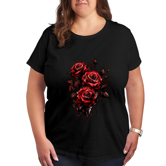 Striking Deep Red Gothic Roses Plus Size Women Printed T-Shirt