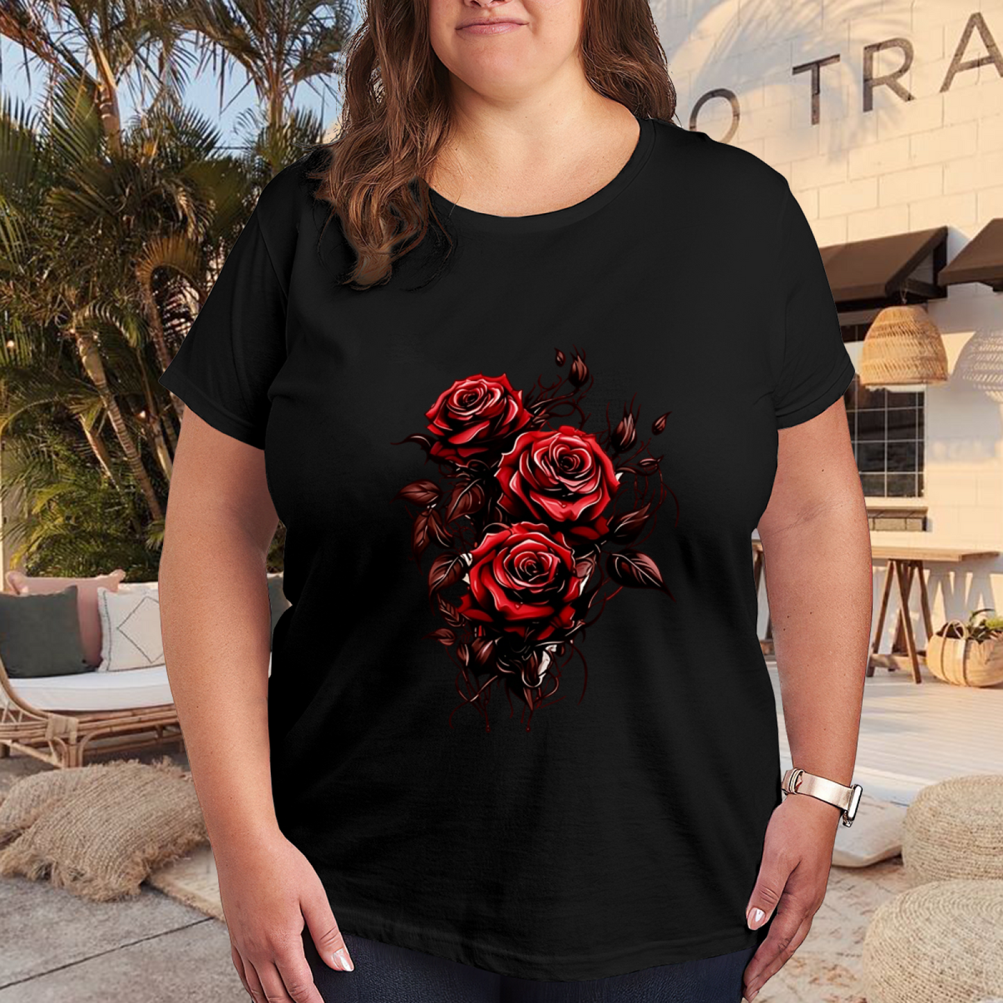 Striking Deep Red Gothic Roses Plus Size Women Printed T-Shirt