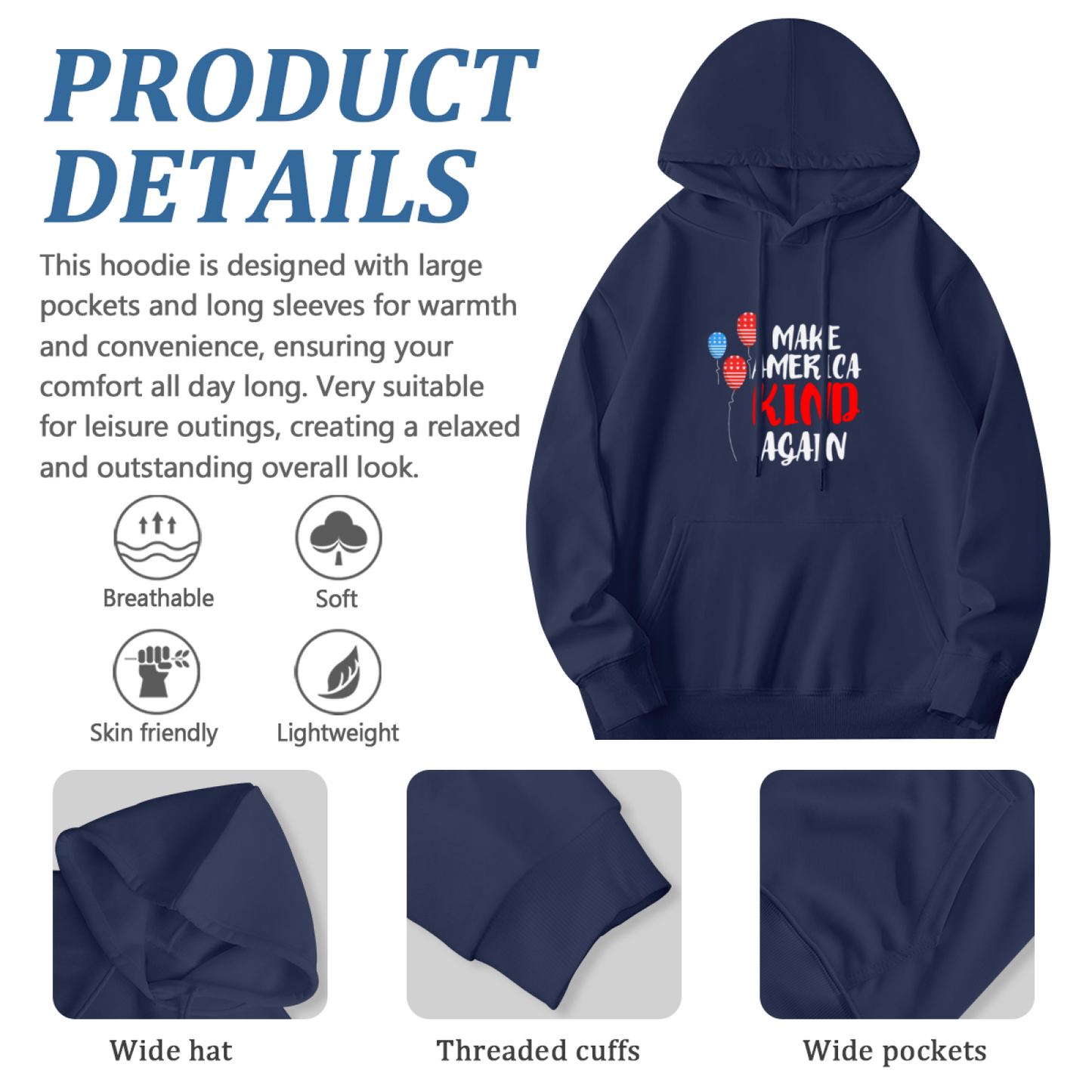 Make America Kind Again Flag Balloon Navy Hoodie, Warm Casual Unisex Top